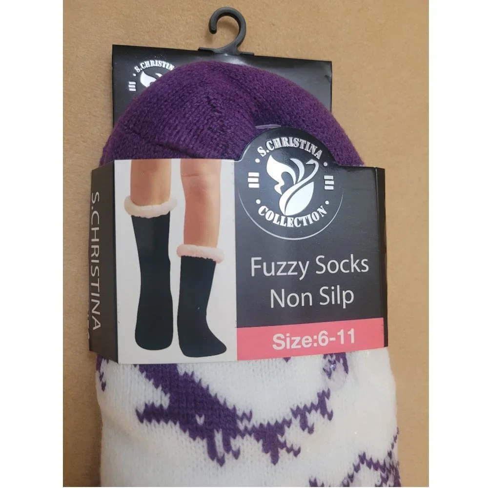 Women's Cotton Fuzzy Non Slip Patterned Socks, Bundle of 2 Pairs